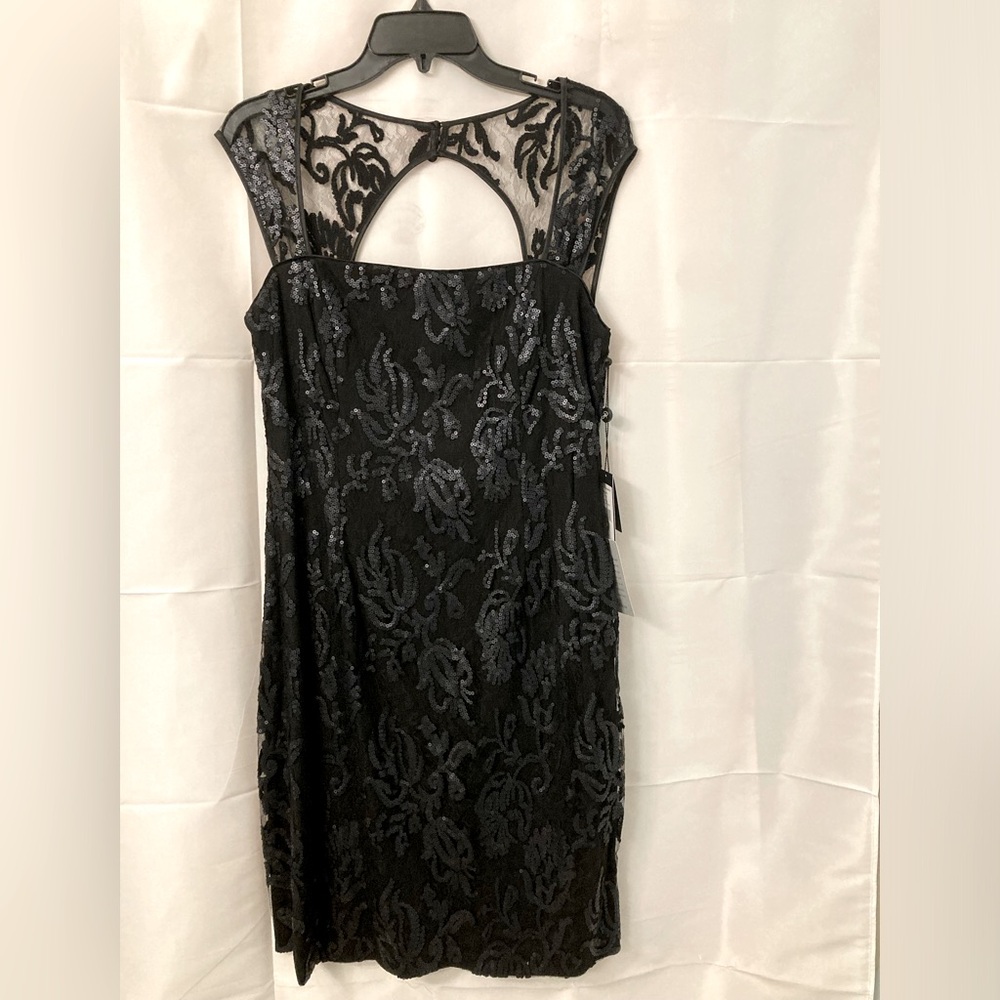 SOLD Adrianna Papell black sequenced cutout cocktail dress sz 12. NWT